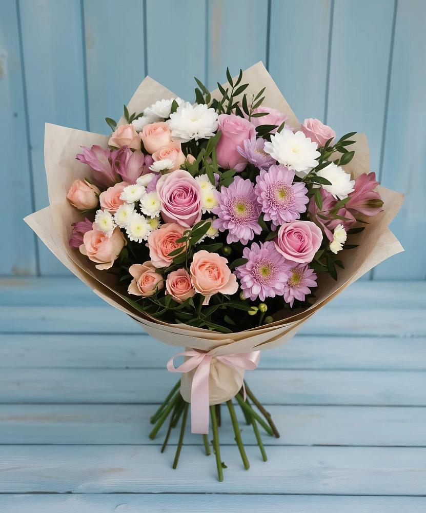 Букет цветов из: Хризантемы, Розы и Альстромерии в им 9 Января