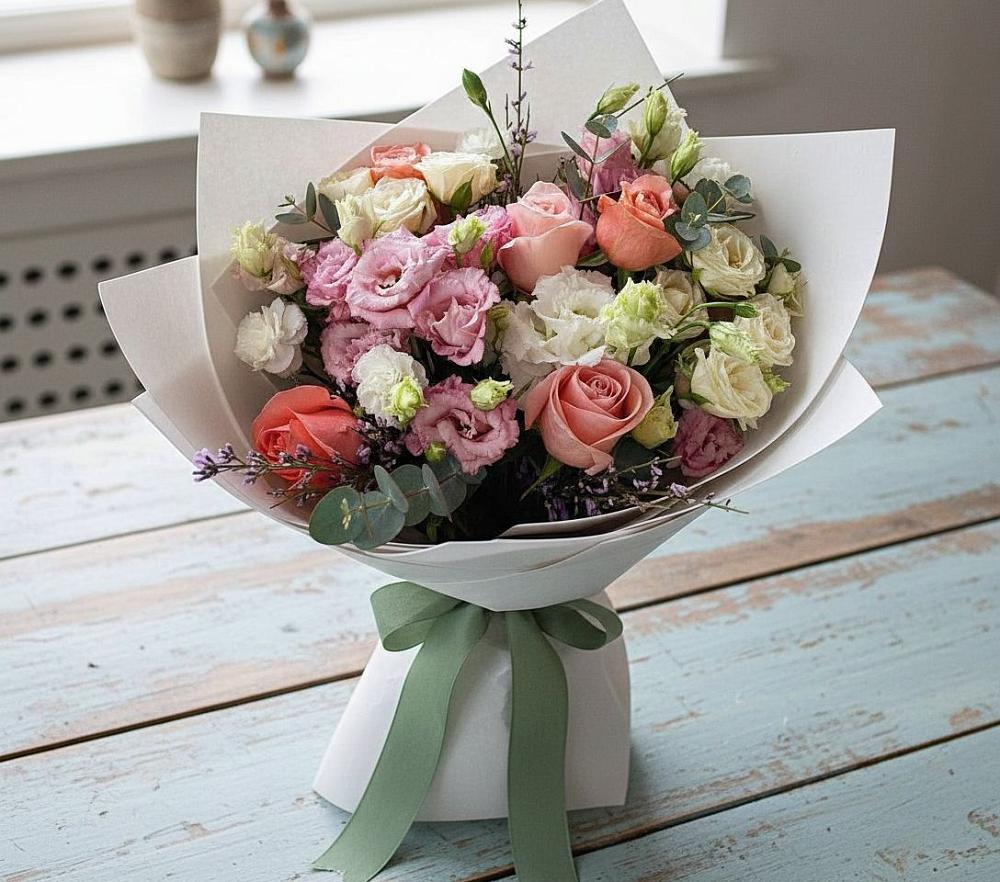 Букет цветов из: Розы, Лизиантусы и Гвоздики в им 9 Января