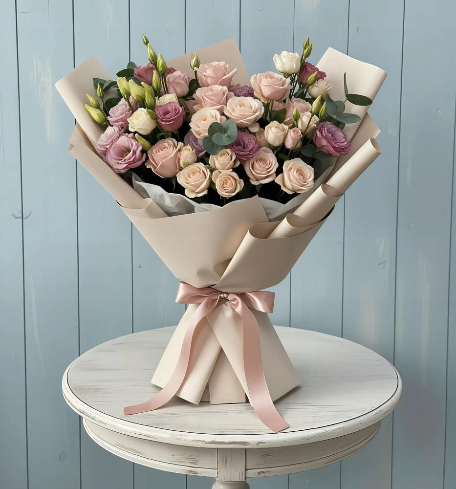 Букет цветов из: Розы и Лизиантусы в им 9 Января