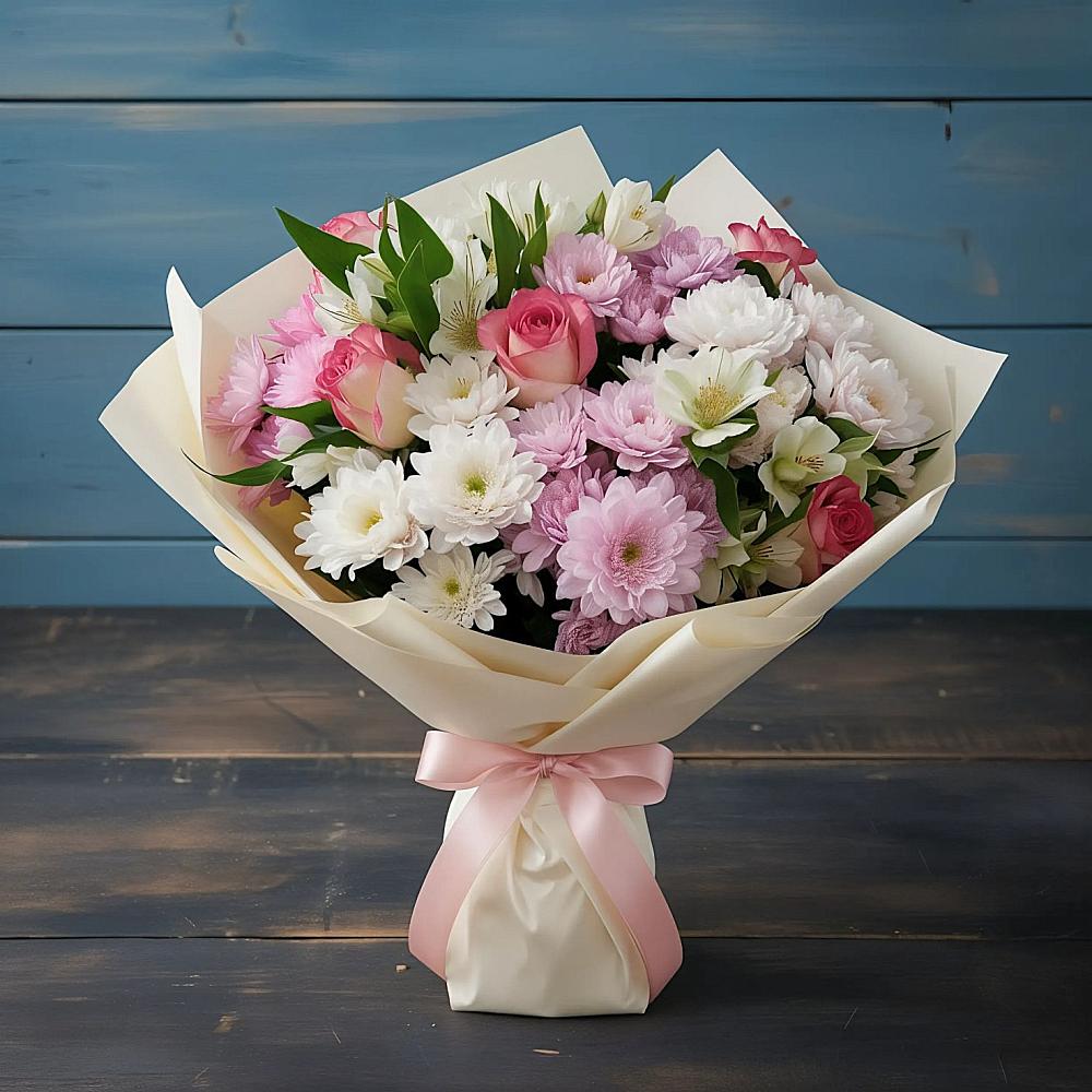 Букет цветов из: Хризантемы, Альстромерии и Розы в им 9 Января